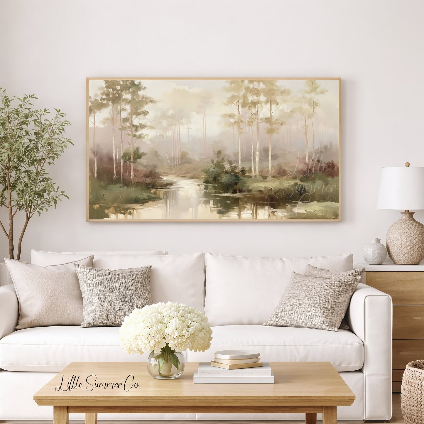 Pine Forest River Frame TV Art displayed on a TV