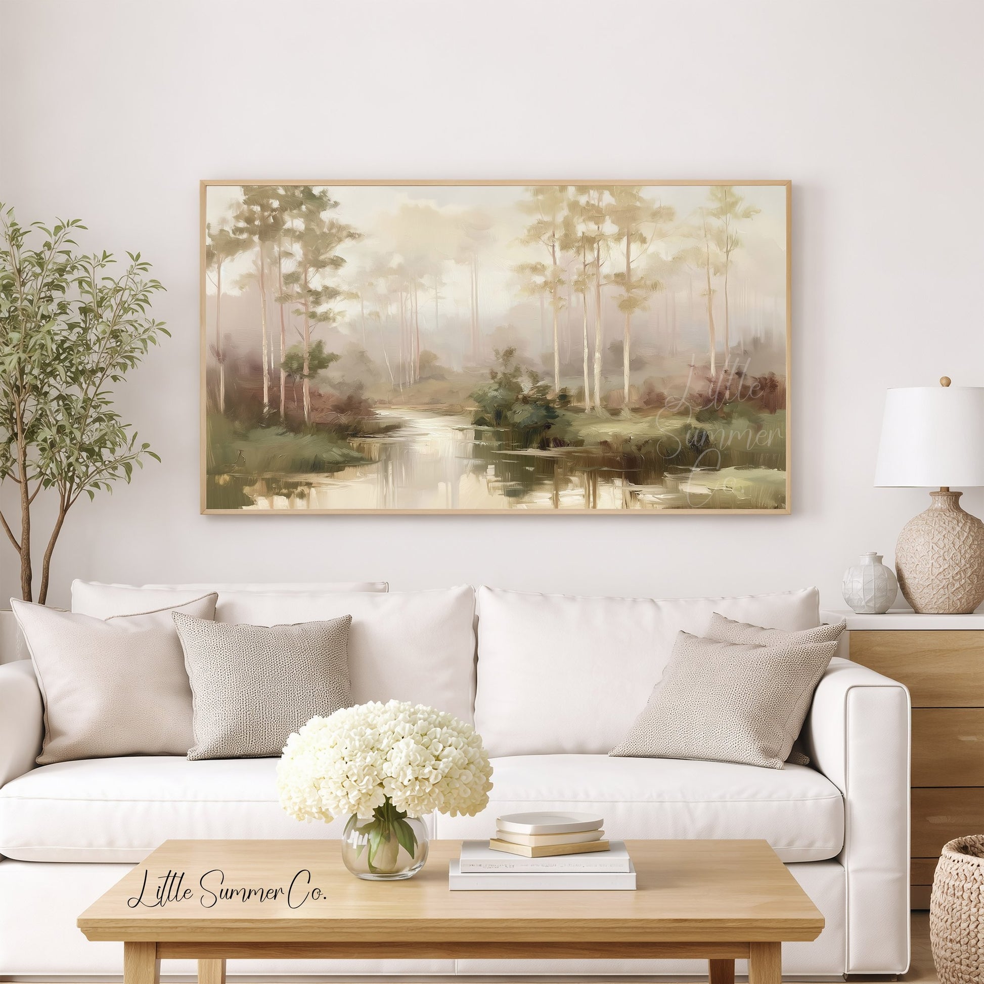Pine Forest River Frame TV Art displayed on a TV