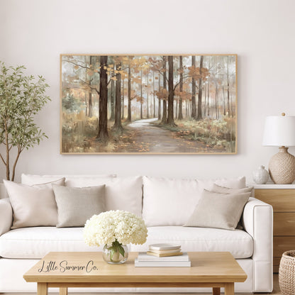Autumn Forest Path Frame TV Art displayed on a TV