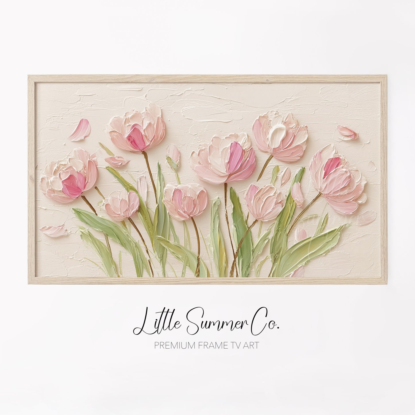 Pink Tulips on Cream Frame TV Art displayed on a TV