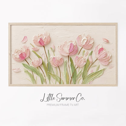 Pink Tulips on Cream Frame TV Art displayed on a TV