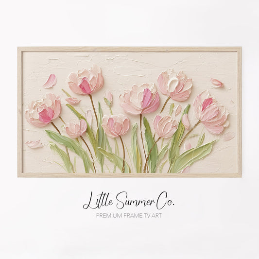 Pink Tulips on Cream Frame TV Art displayed on a TV