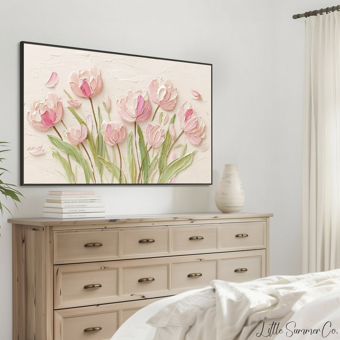 Pink Tulips on Cream Frame TV Art displayed on a TV