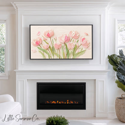Pink Tulips on Cream Frame TV Art displayed on a TV