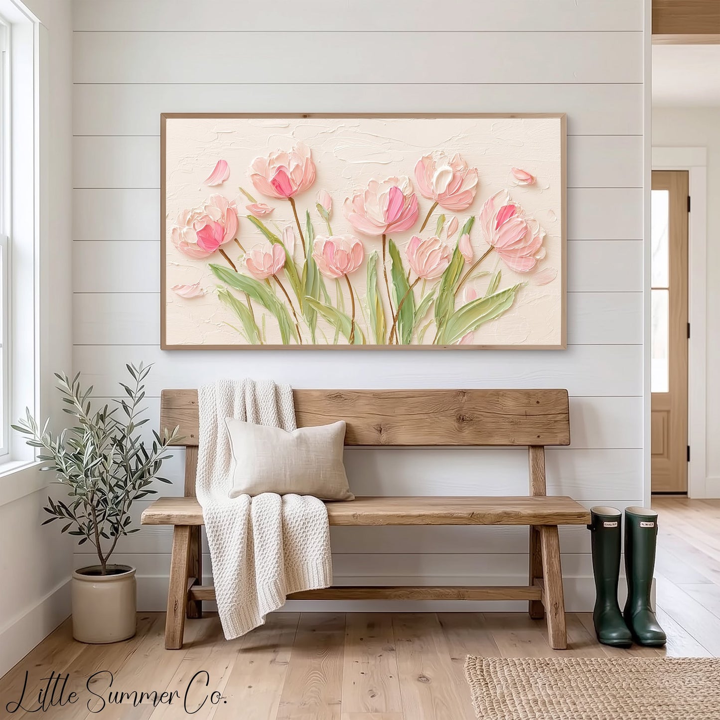 Pink Tulips on Cream Frame TV Art displayed on a TV