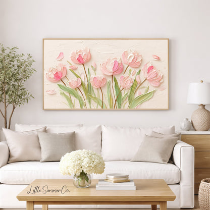 Pink Tulips on Cream Frame TV Art displayed on a TV