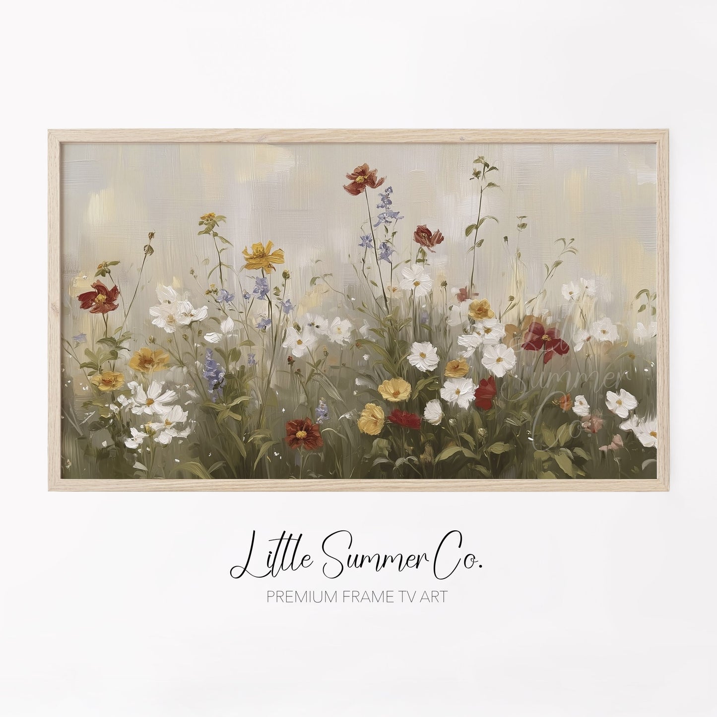 Soft Wildflower Meadow In Cream Frame TV Art displayed on a TV