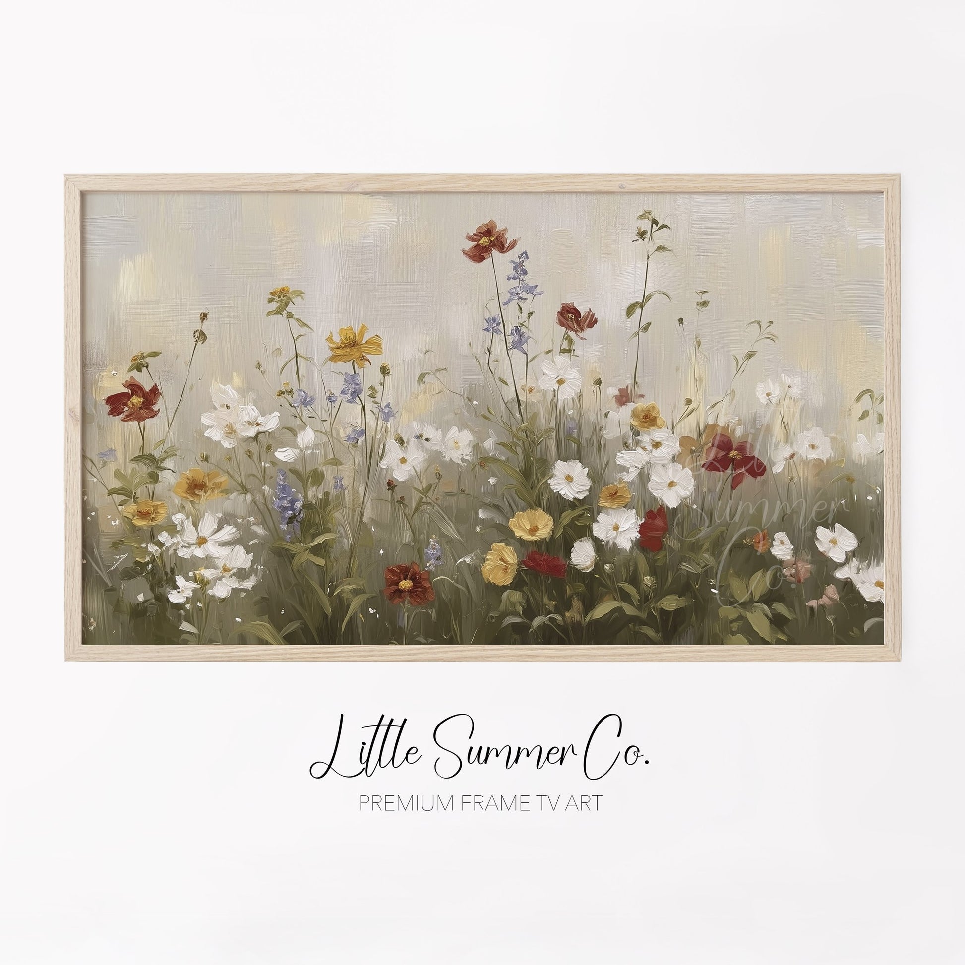 Soft Wildflower Meadow In Cream Frame TV Art displayed on a TV
