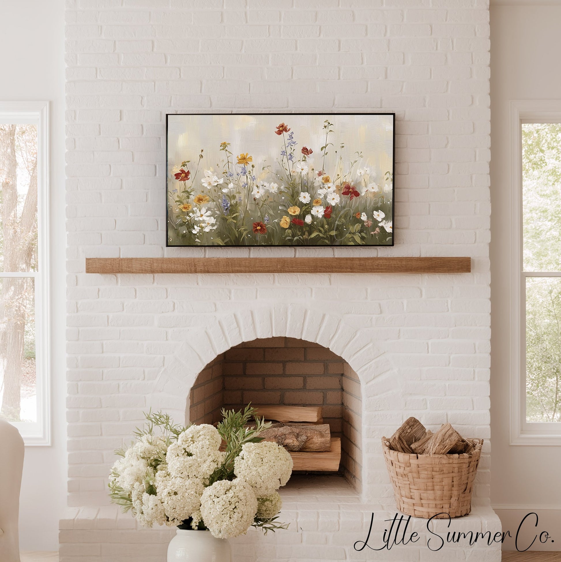 Soft Wildflower Meadow In Cream Frame TV Art displayed on a TV