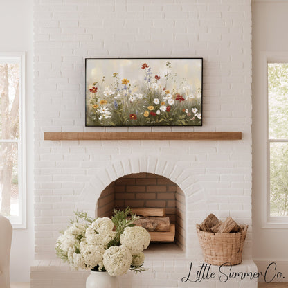 Soft Wildflower Meadow In Cream Frame TV Art displayed on a TV