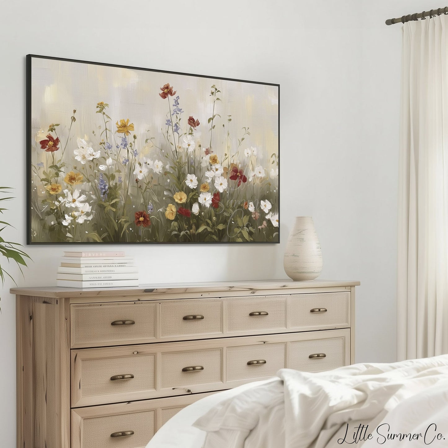 Soft Wildflower Meadow In Cream Frame TV Art displayed on a TV
