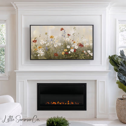 Soft Wildflower Meadow In Cream Frame TV Art displayed on a TV