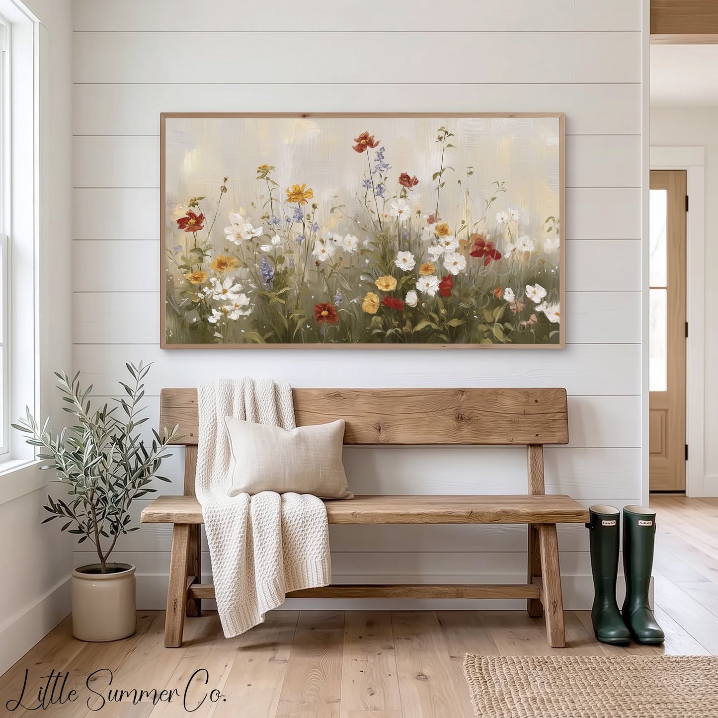 Soft Wildflower Meadow In Cream Frame TV Art displayed on a TV