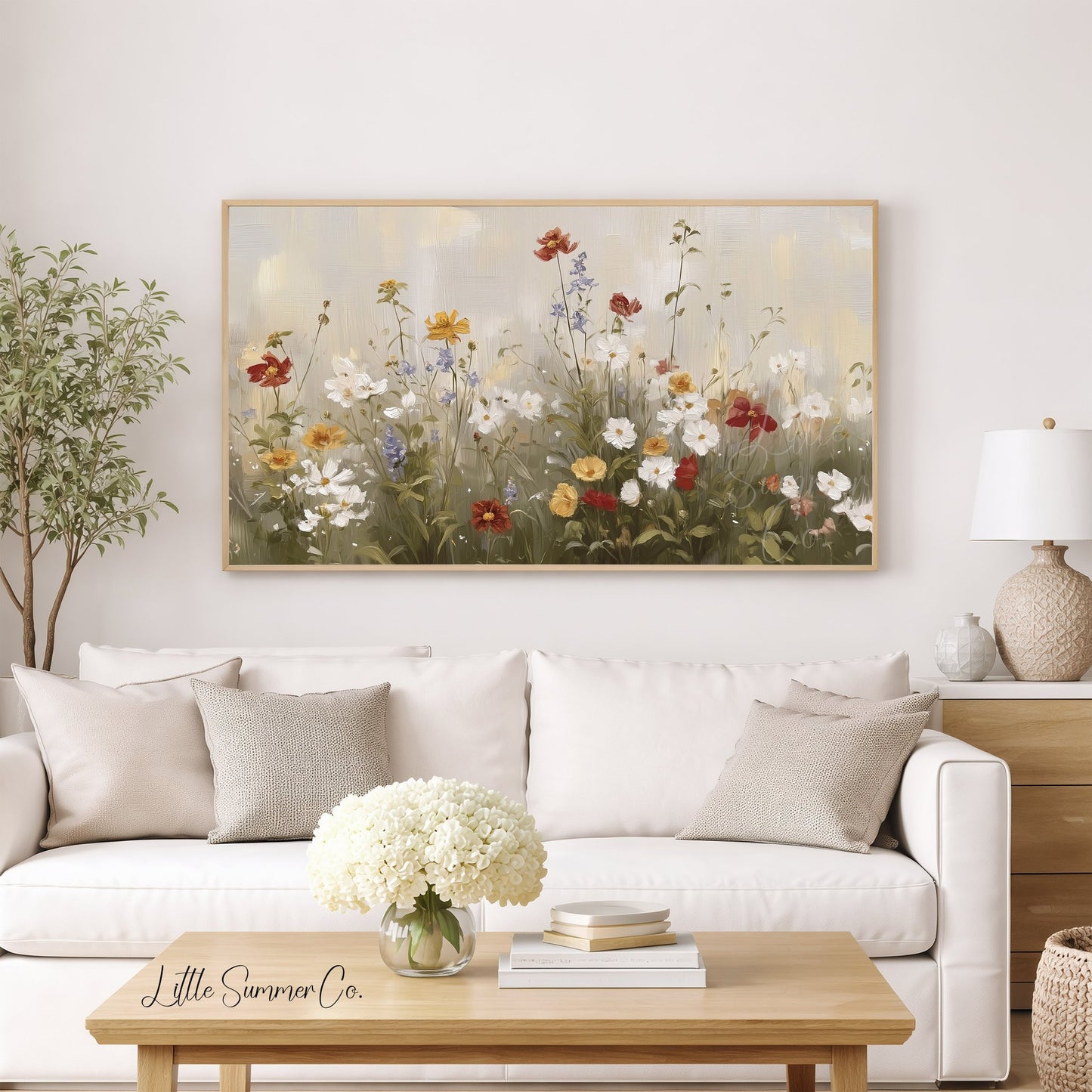 Soft Wildflower Meadow In Cream Frame TV Art displayed on a TV