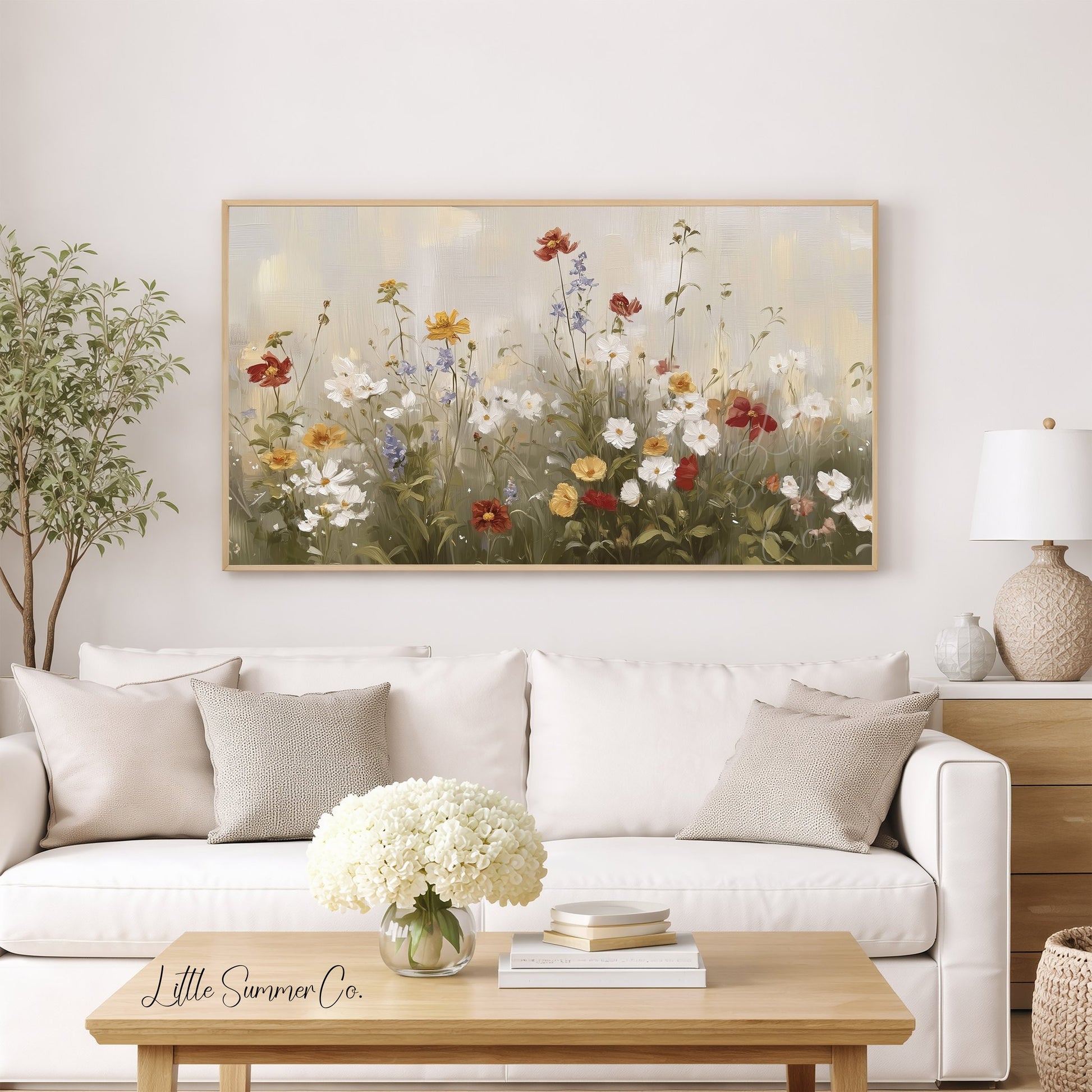 Soft Wildflower Meadow In Cream Frame TV Art displayed on a TV