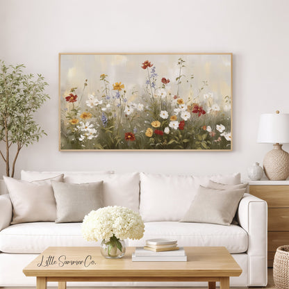 Soft Wildflower Meadow In Cream Frame TV Art displayed on a TV