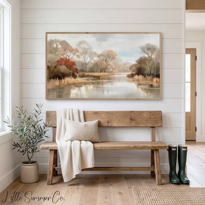 Autumn Riverbank Frame TV Art displayed on a TV