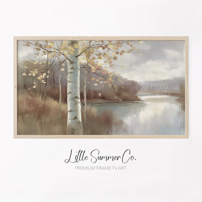 Birch Lake View Frame TV Art displayed on a TV