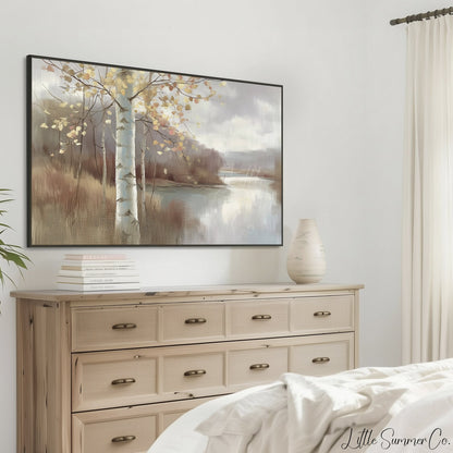 Birch Lake View Frame TV Art displayed on a TV