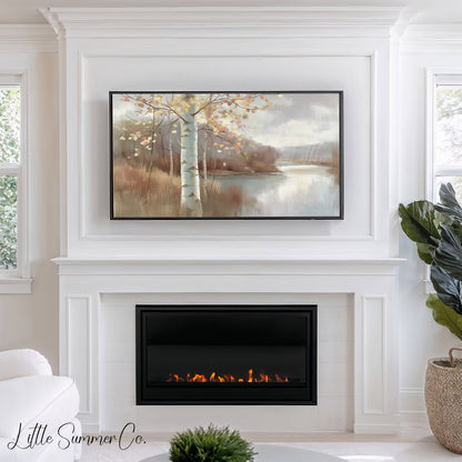 Birch Lake View Frame TV Art displayed on a TV
