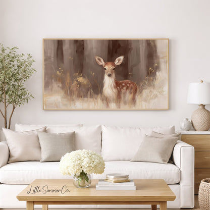 Deer In Woodland Frame TV Art displayed on a TV