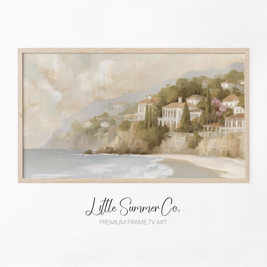 Coastal Cliff Villas Frame TV Art displayed on a TV