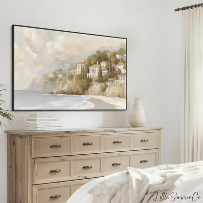 Coastal Cliff Villas Frame TV Art displayed on a TV
