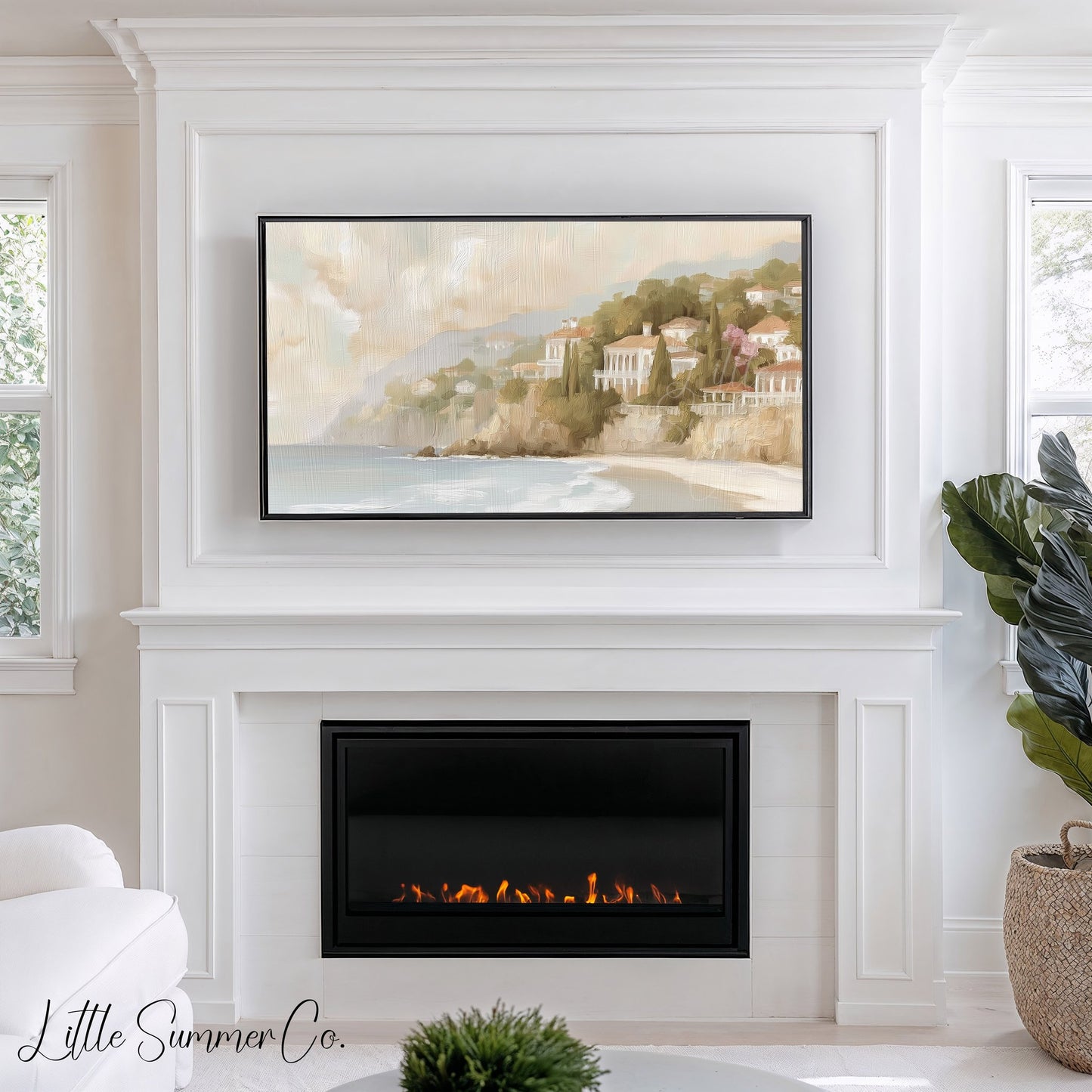 Coastal Cliff Villas Frame TV Art displayed on a TV