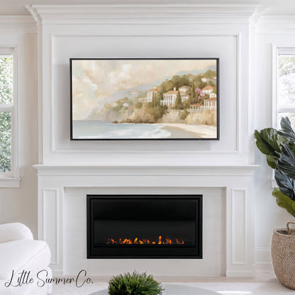 Coastal Cliff Villas Frame TV Art displayed on a TV