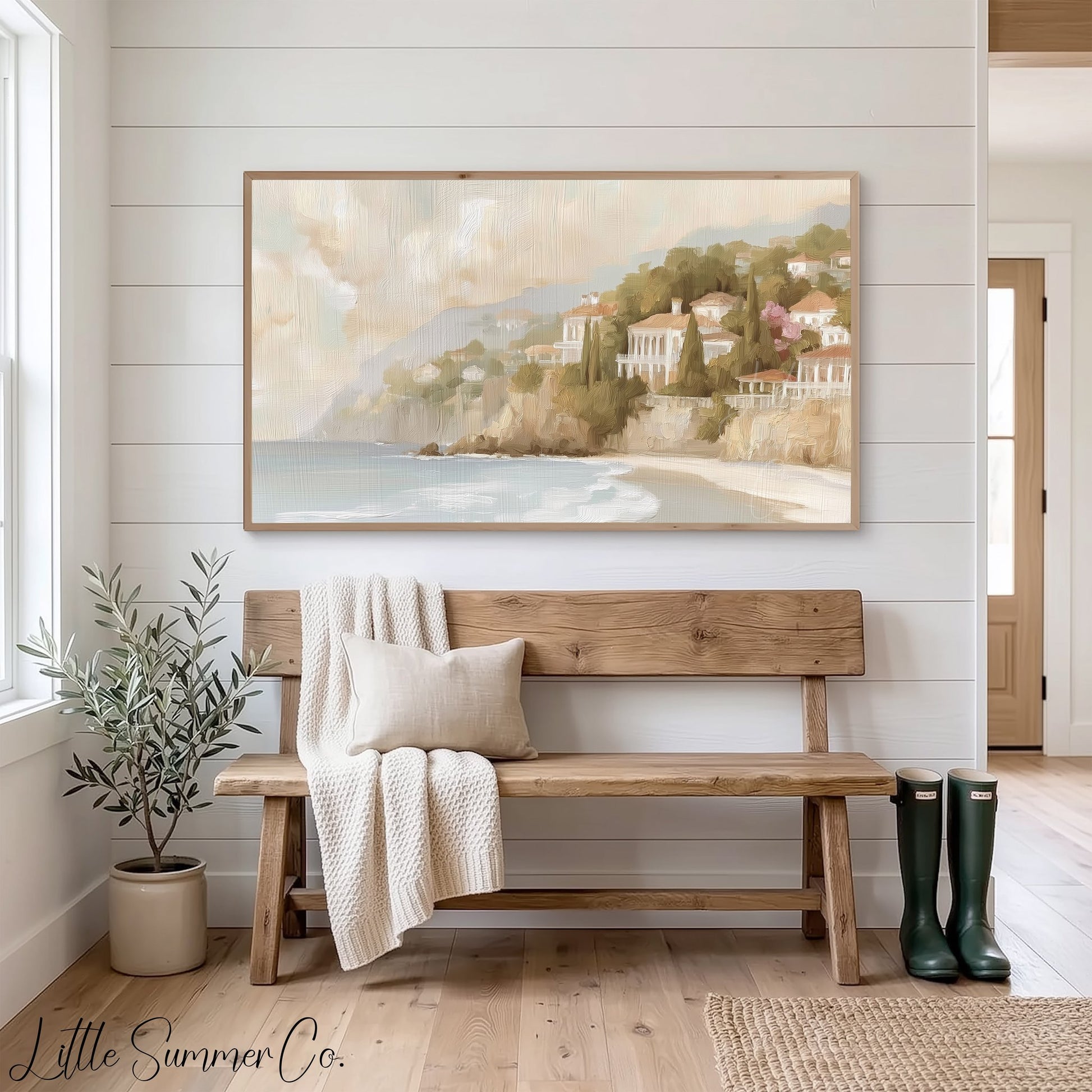 Coastal Cliff Villas Frame TV Art displayed on a TV