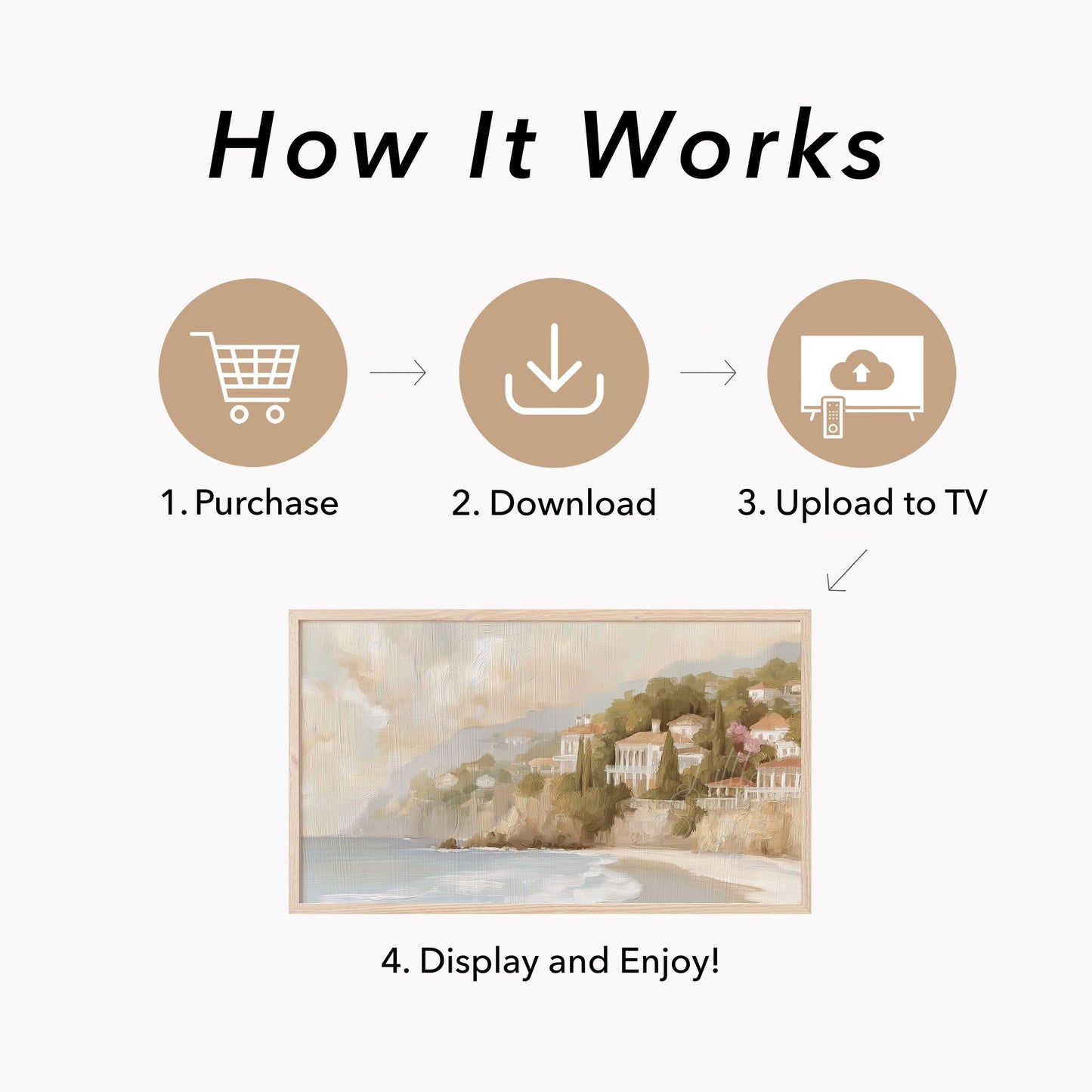 Coastal Cliff Villas Frame TV Art displayed on a TV