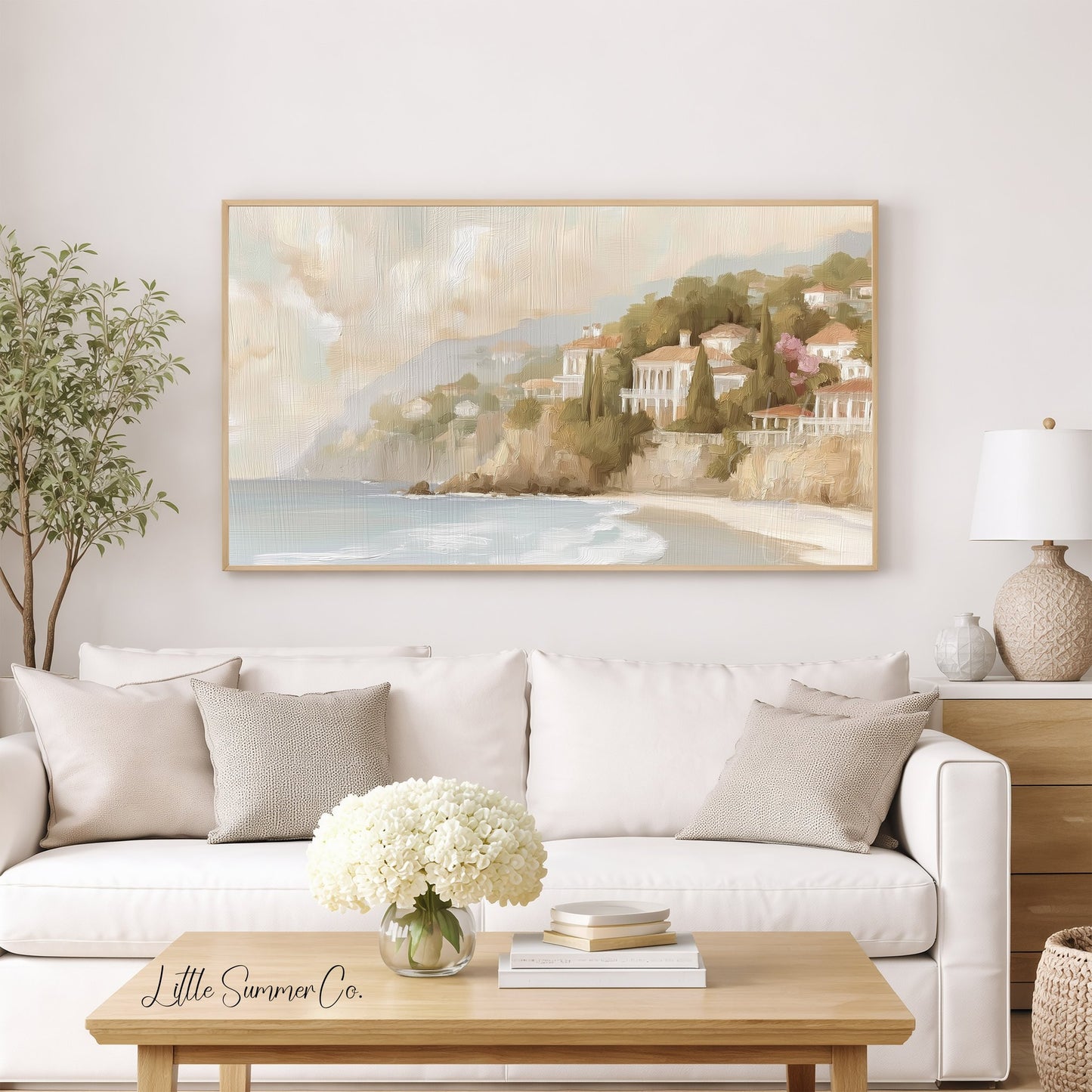 Coastal Cliff Villas Frame TV Art displayed on a TV