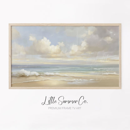 Soft Pastel Coastal Beach Scene Frame TV Art displayed on a TV