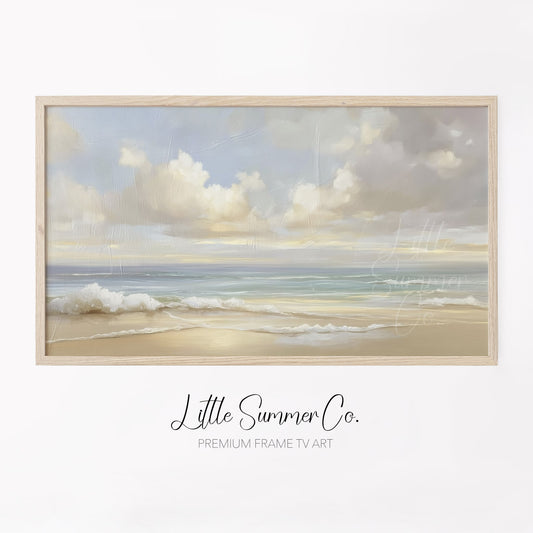 Soft Pastel Coastal Beach Scene Frame TV Art displayed on a TV
