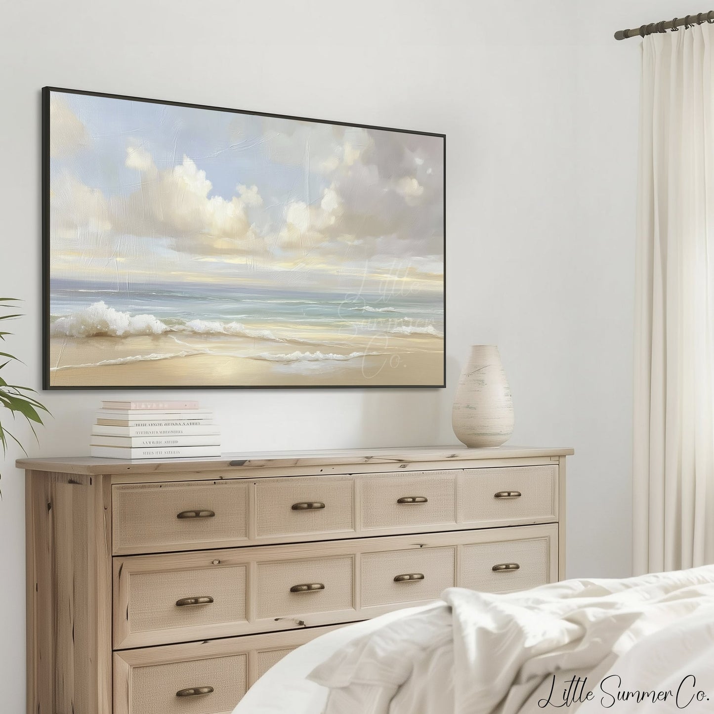 Soft Pastel Coastal Beach Scene Frame TV Art displayed on a TV