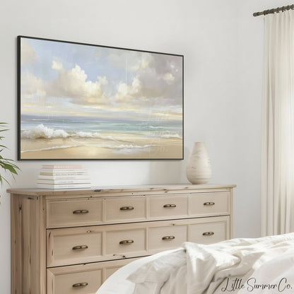 Soft Pastel Coastal Beach Scene Frame TV Art displayed on a TV