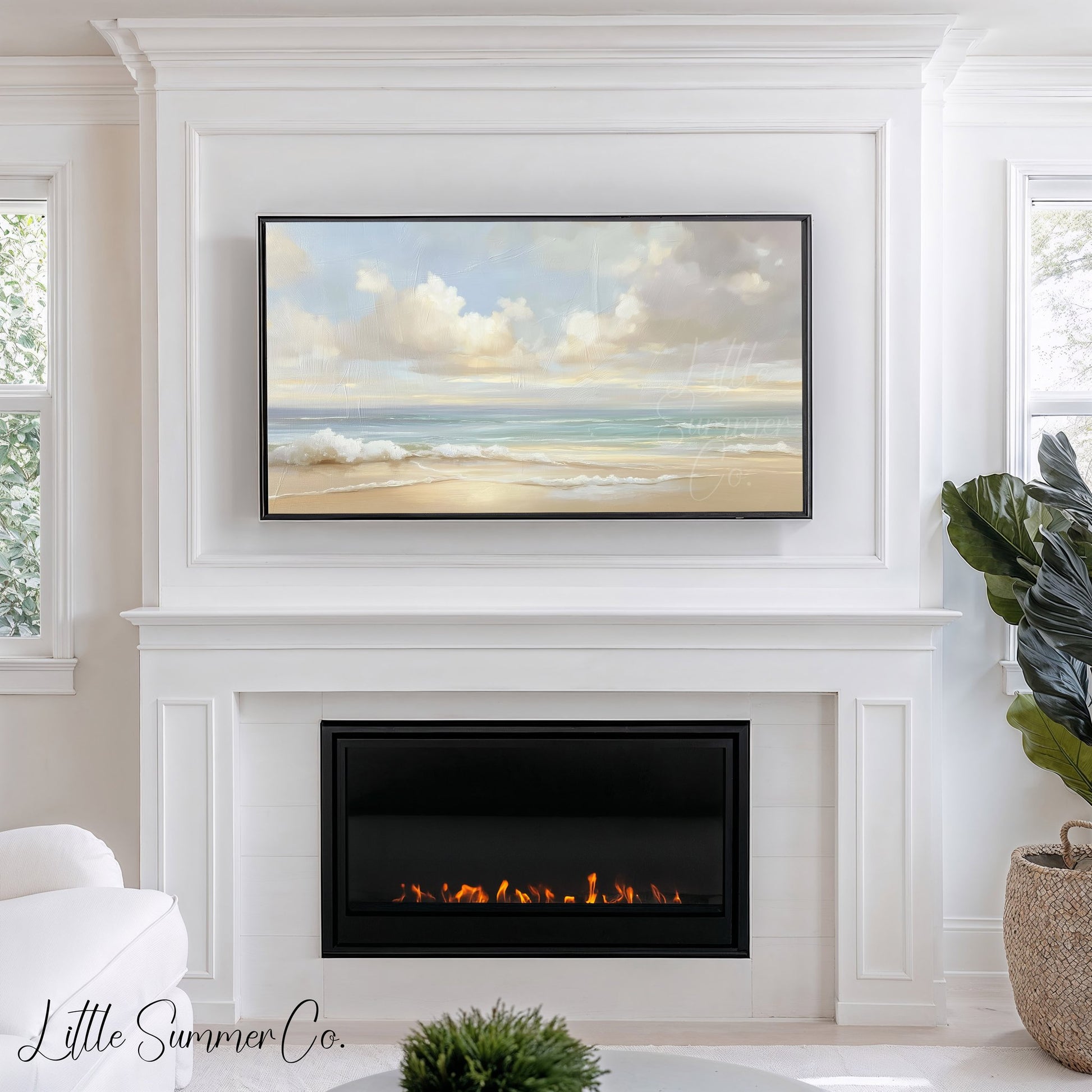 Soft Pastel Coastal Beach Scene Frame TV Art displayed on a TV