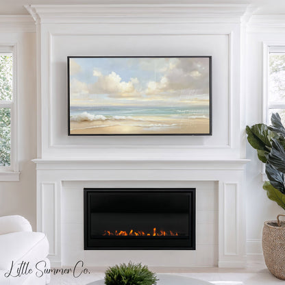 Soft Pastel Coastal Beach Scene Frame TV Art displayed on a TV