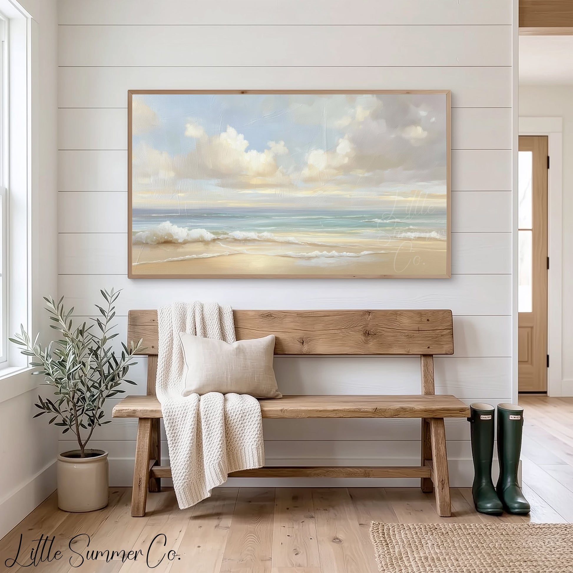 Soft Pastel Coastal Beach Scene Frame TV Art displayed on a TV