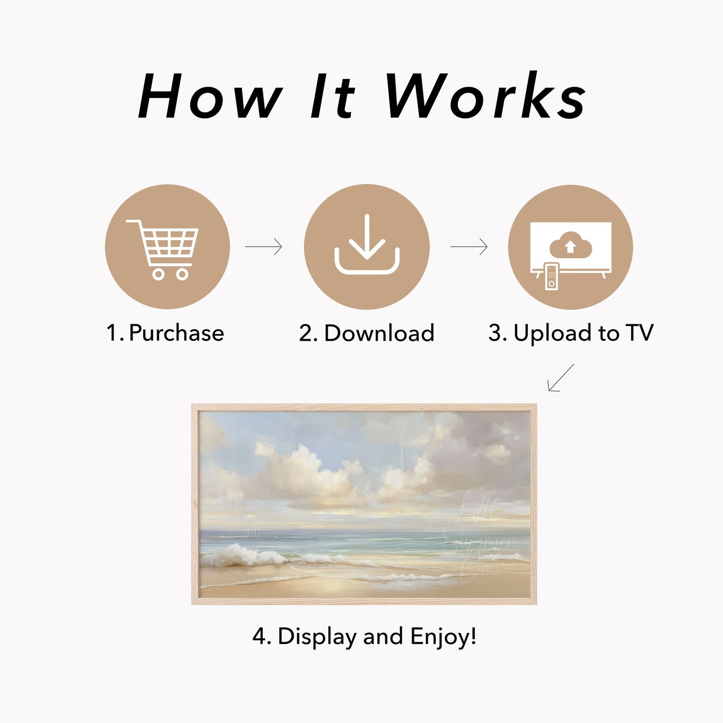Soft Pastel Coastal Beach Scene Frame TV Art displayed on a TV