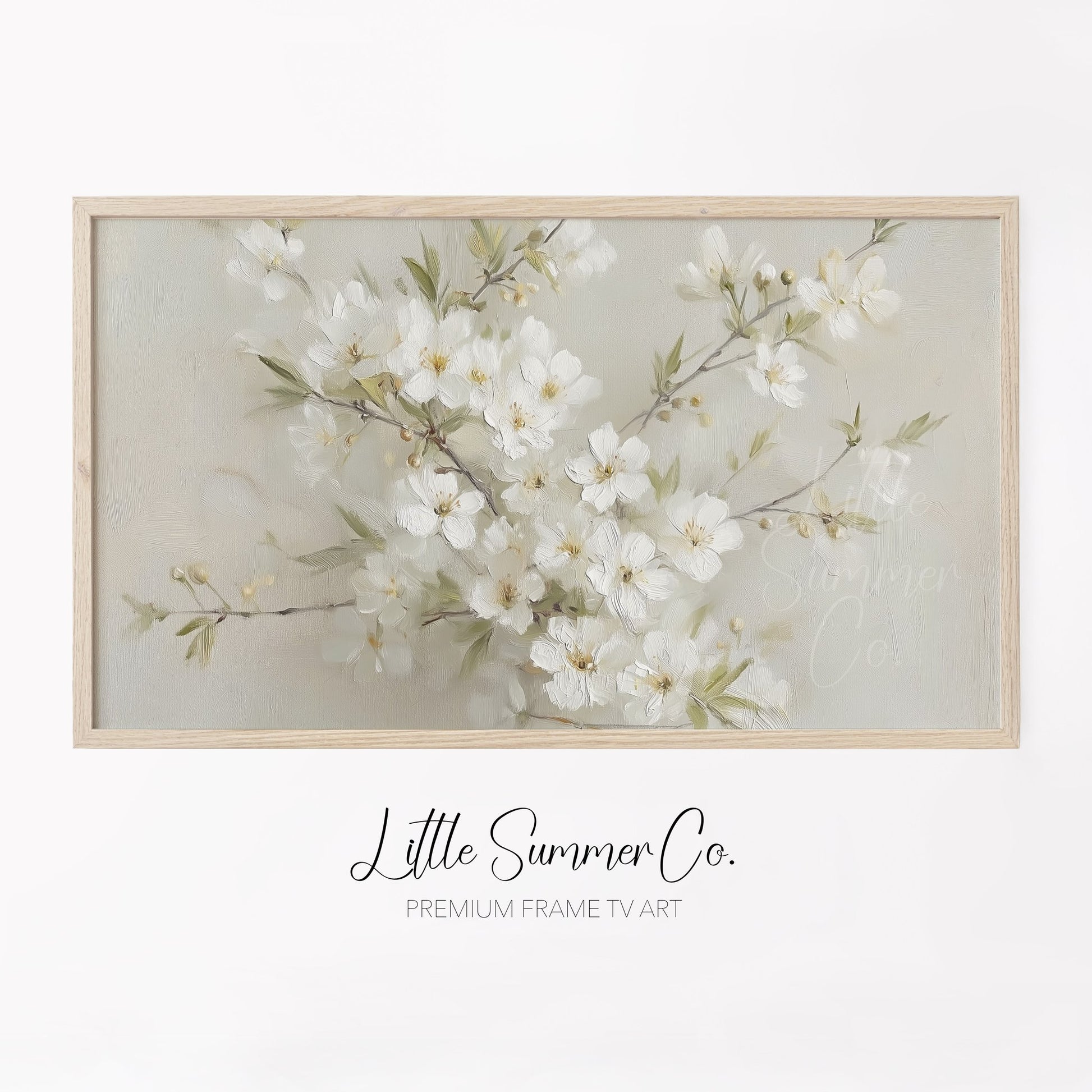 White Cherry Blossom Branch Bouquet Frame TV Art displayed on a TV