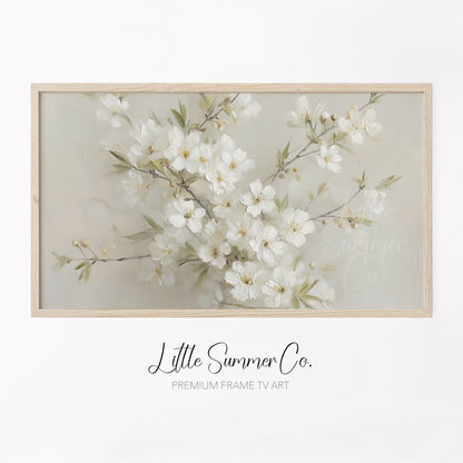 White Cherry Blossom Branch Bouquet Frame TV Art displayed on a TV