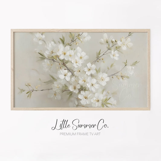 White Cherry Blossom Branch Bouquet Frame TV Art displayed on a TV