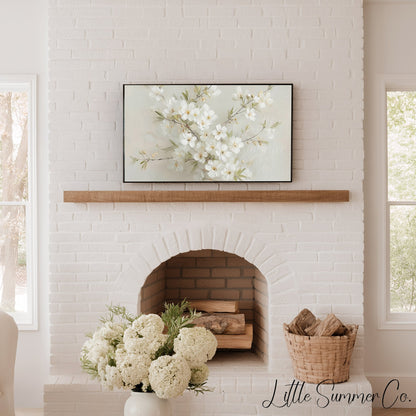 White Cherry Blossom Branch Bouquet Frame TV Art displayed on a TV