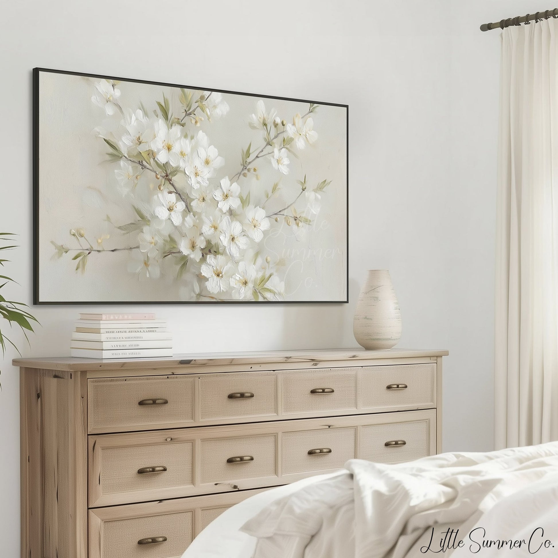 White Cherry Blossom Branch Bouquet Frame TV Art displayed on a TV
