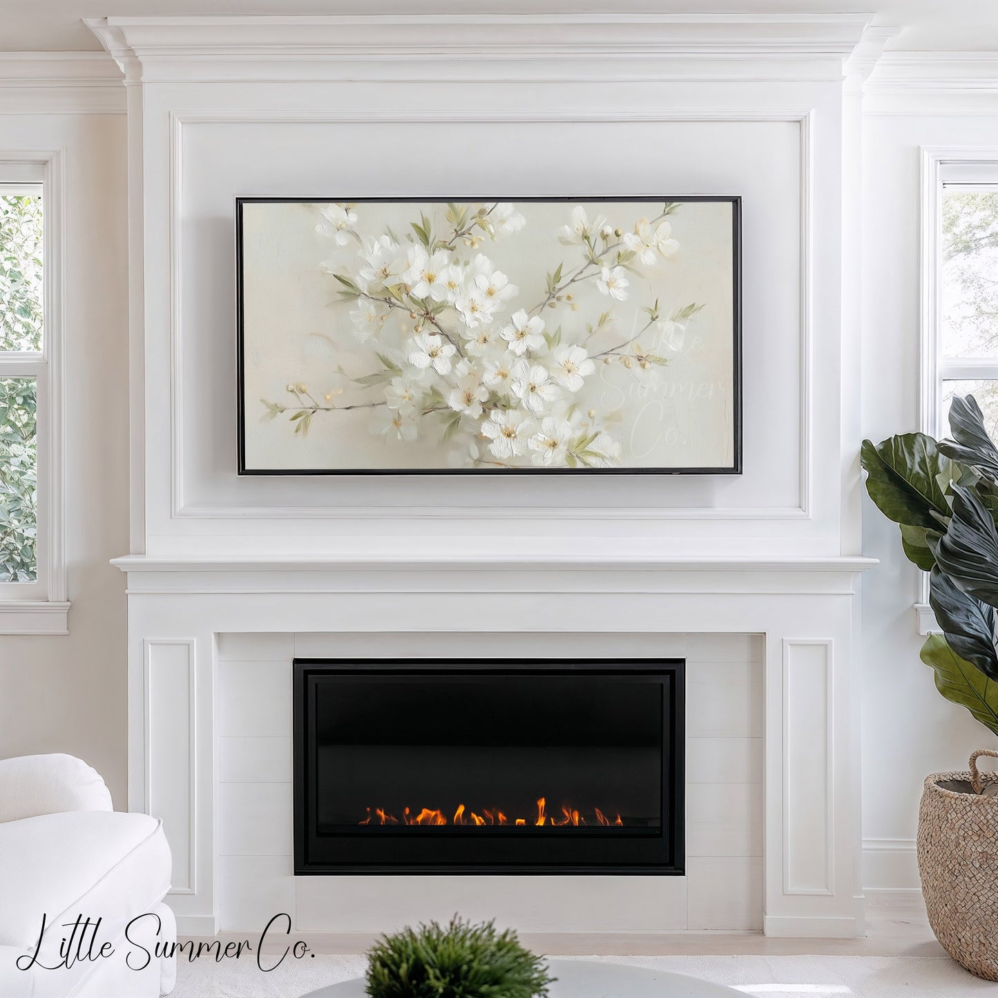 White Cherry Blossom Branch Bouquet Frame TV Art displayed on a TV