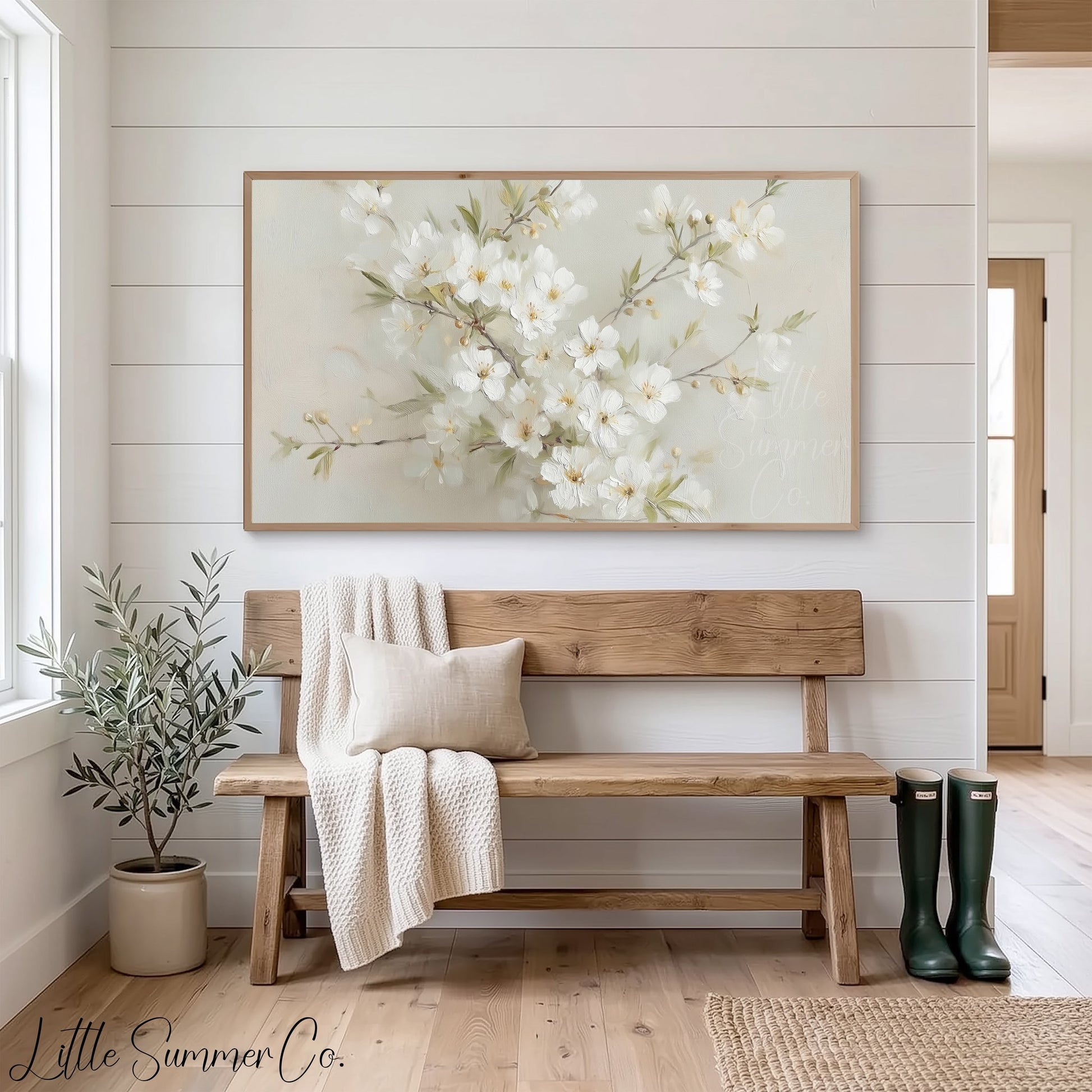 White Cherry Blossom Branch Bouquet Frame TV Art displayed on a TV