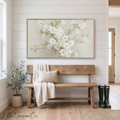 White Cherry Blossom Branch Bouquet Frame TV Art displayed on a TV