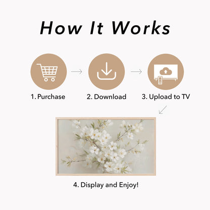White Cherry Blossom Branch Bouquet Frame TV Art displayed on a TV