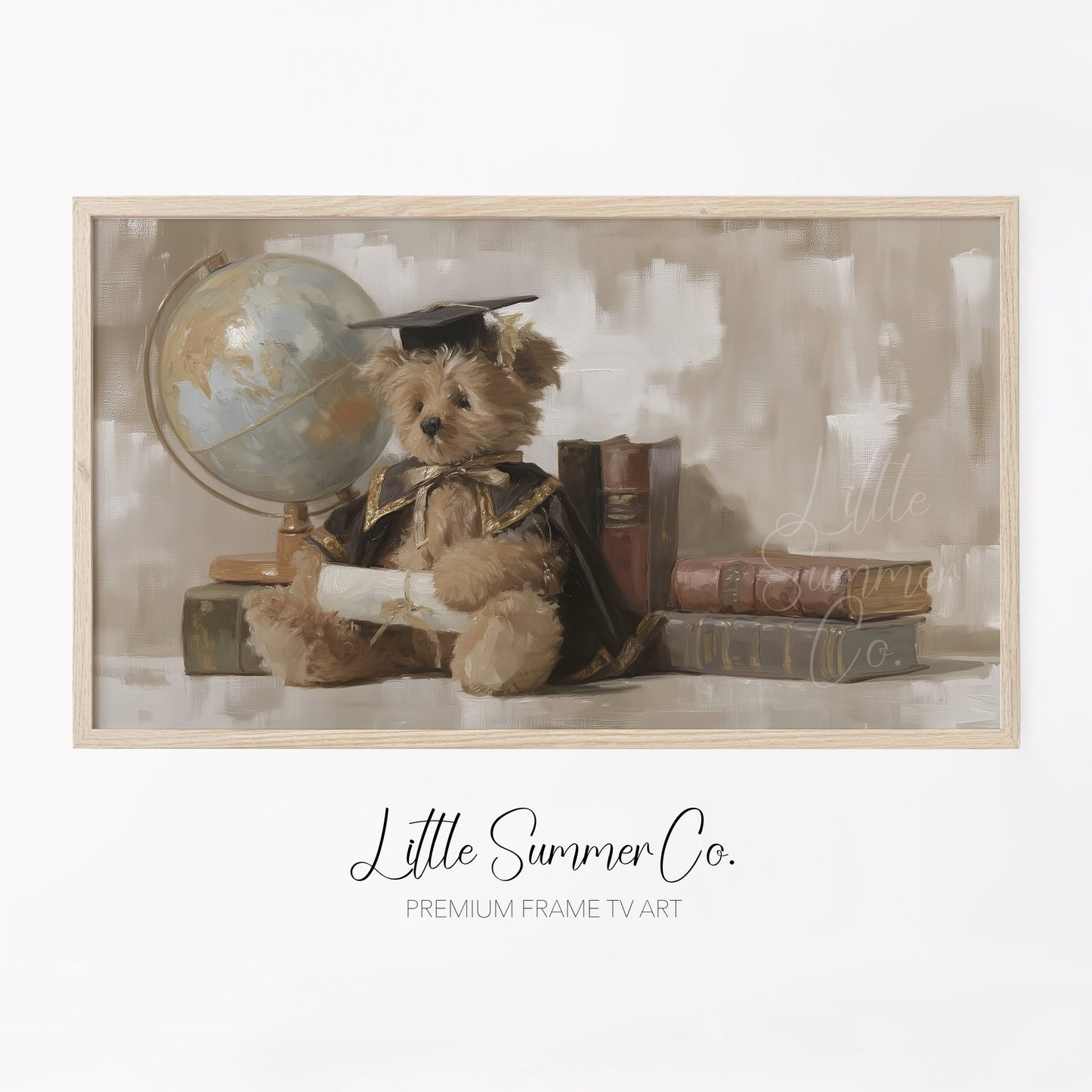 Graduation Bear With Books And Globe Frame TV Art displayed on a TV